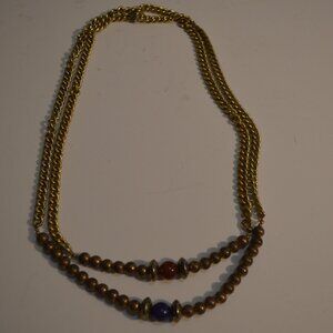 Necklace Doubled Big Thick Chains Golden & Bronzed Red & Blue Beads Charms OS